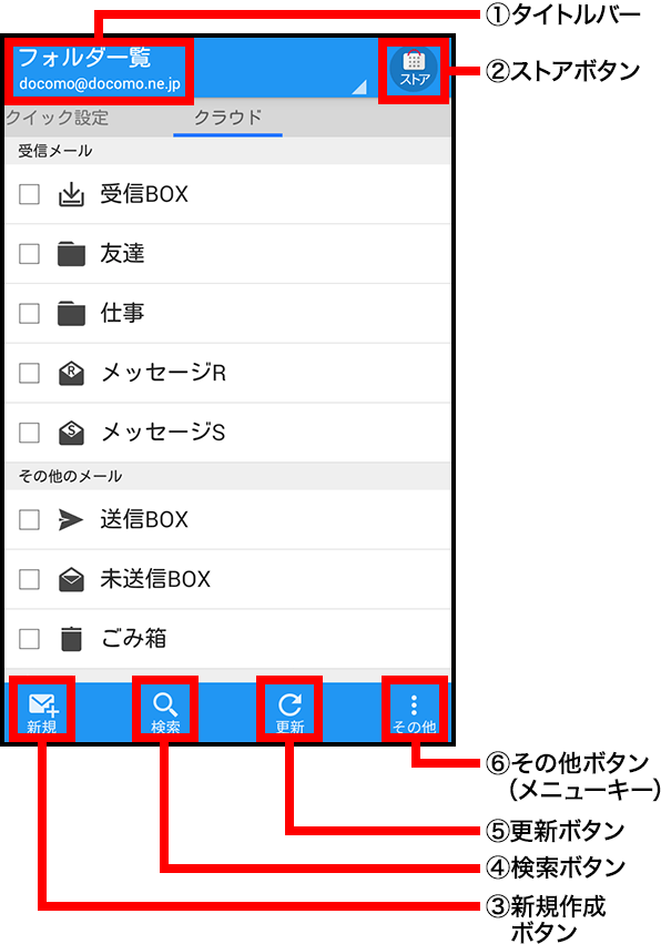 Androidのドコモメールフォルダ一覧