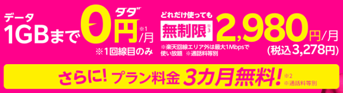 楽天モバイルのプラン料金が3ヶ月無料キャンペーン